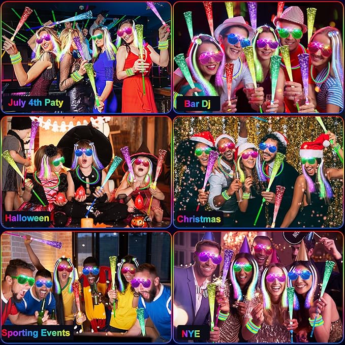 148 PCS Glow in the Dark Party Supplies, 16 Fiber Optic Wands, 14 LED Glasses, 100 Glow Sticks and 18 LED Hair Clips Fiber Optic for Neon Party, Wedding, Birthday, Concert, New Year-BubblyBeeBaby