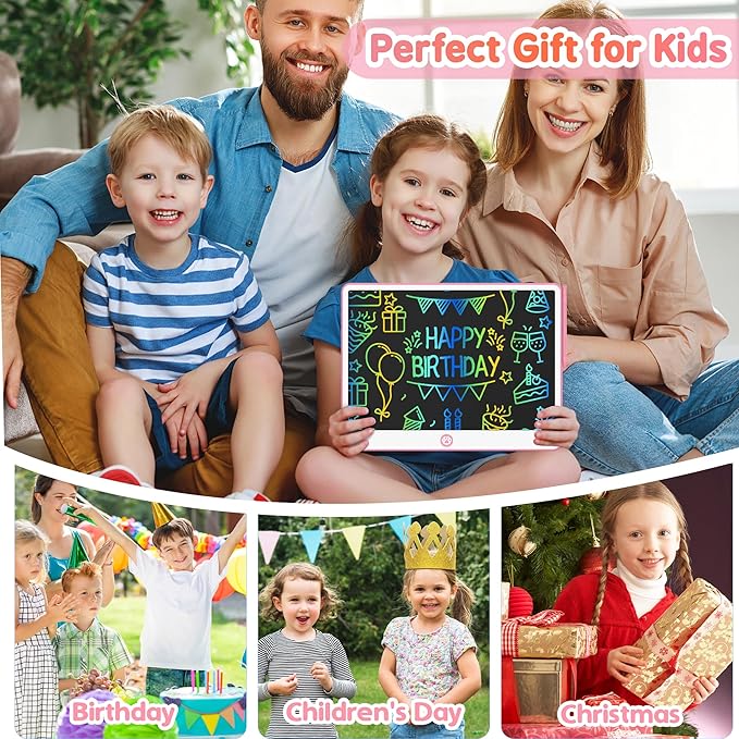 Hockvill LCD Writing Tablet for Kids 16 Inch, Toys for Girls Boys Drawing Pad for 3 4 5 6 7 Year Old Kids Toys, Easter Basket Stuffer for Kids, Toddler Doodle Board Travel Essentials - Pink-BubblyBeeBaby