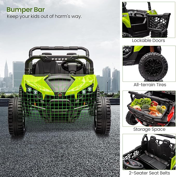 24V 2 Seater Ride On Car Truck, Power Wheels Kids UTV w/Parent Remote Control, 3.1 MPH Max Speed, Music Player, LED Lights & Storage, Electric Vehicle Ride On Toy for Kids Toddler Ages 3-8, Green-BubblyBeeBaby