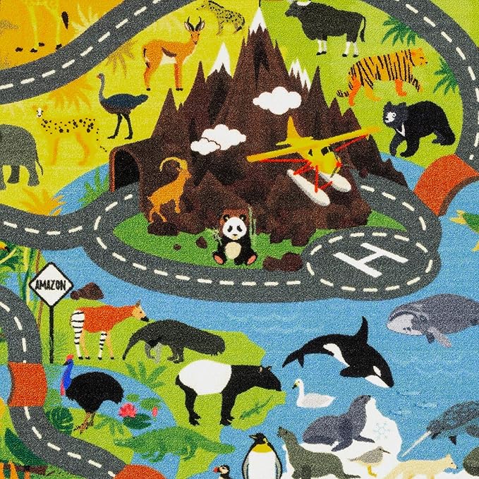 KC Cubs 5x7 Animal Safari Toy Car Road Rug – Educational Play Mat Carpet for Kids, Toddlers, Nursery, Classroom, Playroom, Baby Daycare, Boys & Girls-BubblyBeeBaby