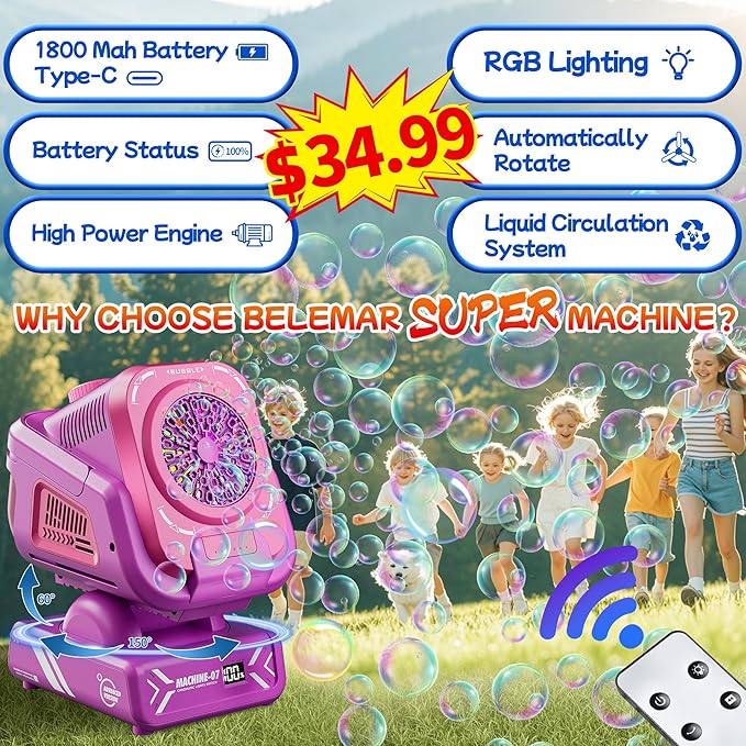 2025 Upgraded Bubble Machine with Remote Control, Automatic Rotation & RGB Lights, 1800mAh Rechargeable Battery, Type-C Charge, Bubble Maker for Kids, Weddings, Birthday Parties, Outdoor Activities-BubblyBeeBaby