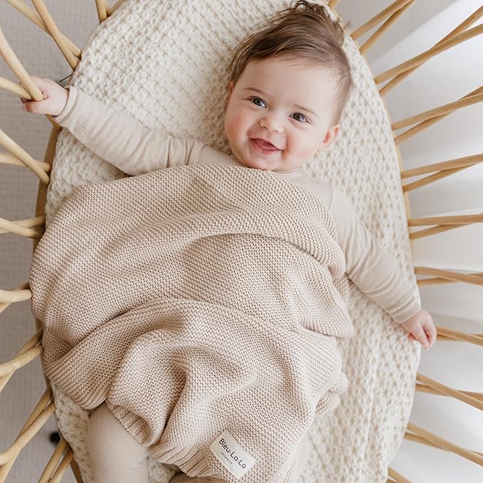 Heritage Knit Organic Cotton Baby Blanket - Soft Warm Cozy Unisex Receiving Cuddle Stroller Crib Beige Blanket for Newborns, Infants Toddler, Boys and Girls (Oatmeal, 0-2 Years)-BubblyBeeBaby
