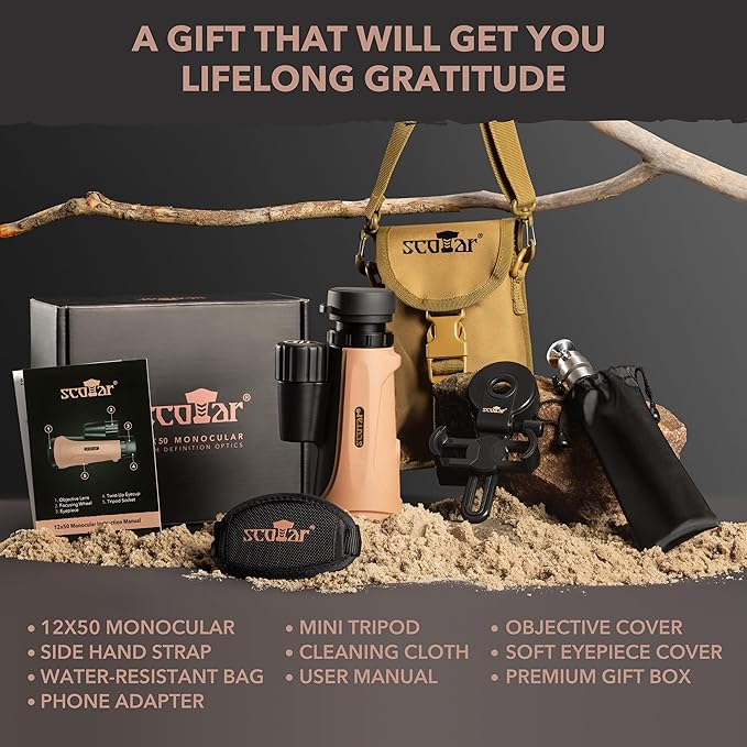 12x50 Monocular Telescope - FMC Fogproof, IP67 Waterproof Hand Held Telescope - BAK4 Phase and Dielectric Coated Prism - Adventure Accessories Set: Bag, Smartphone Adapter, Mini Tripod-BubblyBeeBaby