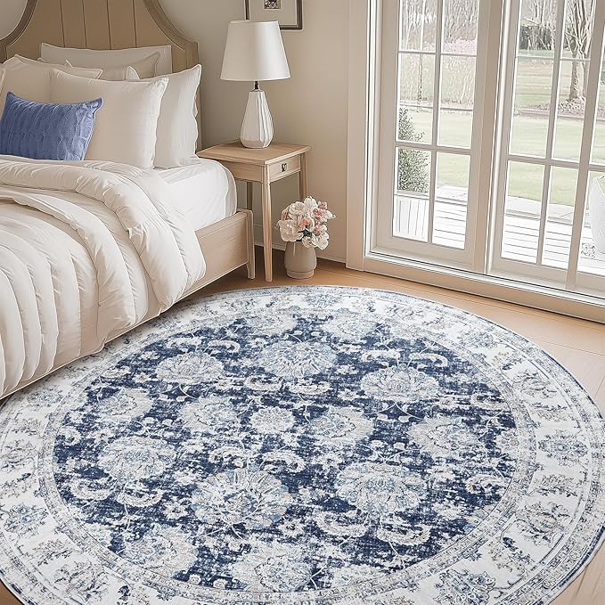 jinchan Round Rug 8ft Area Rugs Vintage Floral Distressed Design Machine Washable Non-Slip Low-Pile Ultra-Thin Circle Rug for Living Room Dining Room Bedroom Home Office Farmhouse (8' Round,Dark Blue)-BubblyBeeBaby