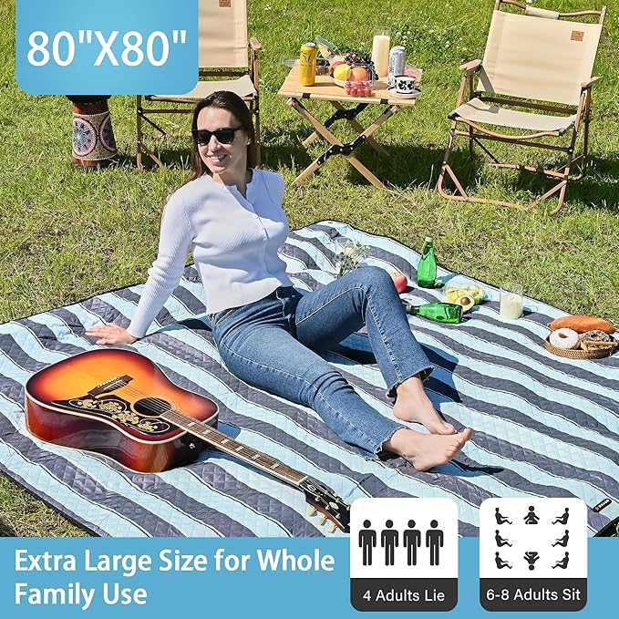 HX&OD Outdoor Picnic Blanket Extra Large, 80''*80'' Waterproof Picnic Mat with Stakes Foldable Camping Blanket Portable with Carry Strap for Beach Mat (Grey& Green, 80''*80'')-BubblyBeeBaby