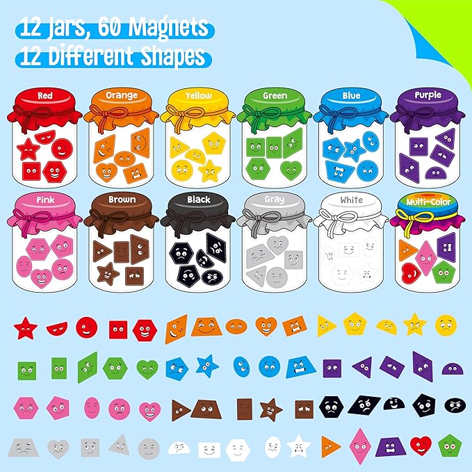 12 Pieces Magnetic Color Sorting Toys, 60 Color & Shape Magnets, Early Educational Sorting Set for Refrigerator Whiteboard Baby Toddlers Kids-BubblyBeeBaby