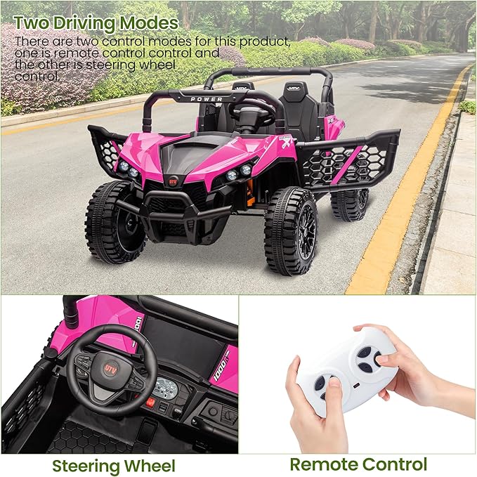 24V 2 Seater Ride On Car Truck, Power Wheels Kids UTV w/Parent Remote Control, 3.1 MPH Max Speed, Music Player, LED Lights & Storage, Electric Vehicle Ride On Toy for Kids Toddler Ages 3-8, Pink-BubblyBeeBaby