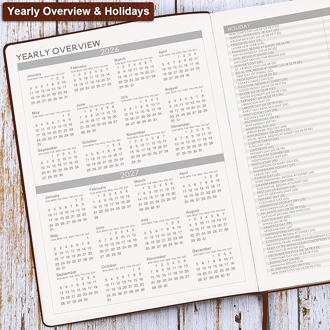 2026 Planner - JAN 2026 - DEC 2026, Planner 2026, Weekly and Monthly Planner, Leather Cover Calendar Planner with Thick Paper, Back Pocket with Notes Pages, Brown (8.5" x 11")-BubblyBeeBaby