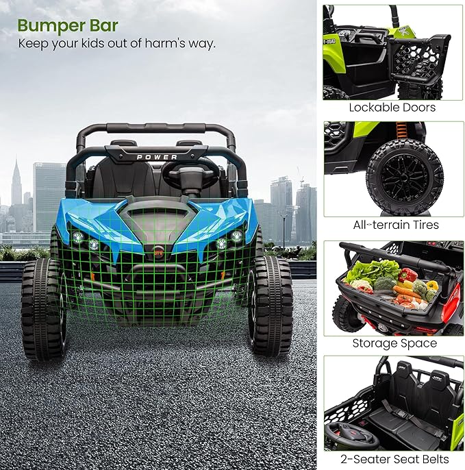 24V 2 Seater Ride On Car Truck, Power Wheels Kids UTV w/Parent Remote Control, 3.1 MPH Max Speed, Music Player, LED Lights & Storage, Electric Vehicle Ride On Toy for Kids Toddler Ages 3-8, Blue-BubblyBeeBaby