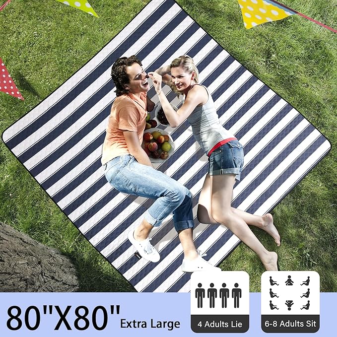 HX&OD Outdoor Picnic Blanket Extra Large, 80”x80” Waterproof Picnic Mat Foldable Camping Blanket Portable with Carry Strap for Beach Mat (Bule)-BubblyBeeBaby