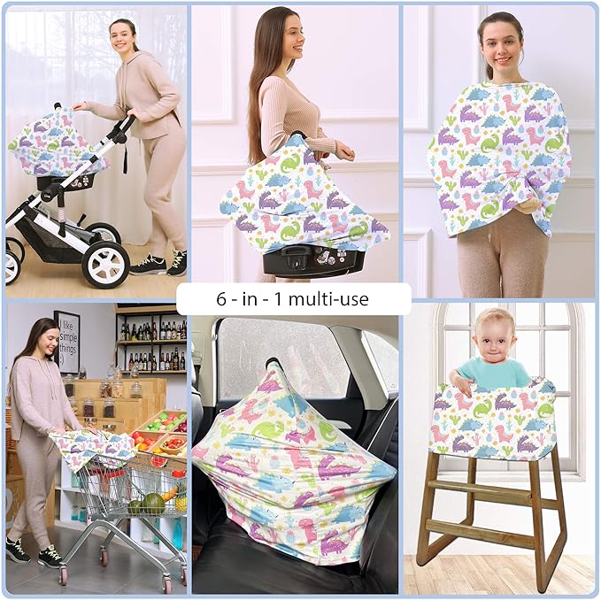 Car Seat Covers Canopy Cover - Multi-use Cover Carseat Canopy, Breathable Breastfeeding Cover, Car Seat Covers for Bbies, Boys & Girls Shower Gifts (Colorful Dinosaur)-BubblyBeeBaby