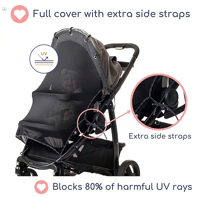 Stroller Sun Shade - Universal UV Protection Cover for Strollers Sunshade with See Through, Clip-On Sun Blocker, Sun Shield for Baby, Breathable Adjustable Fit, Full Coverage, X-Large-BubblyBeeBaby