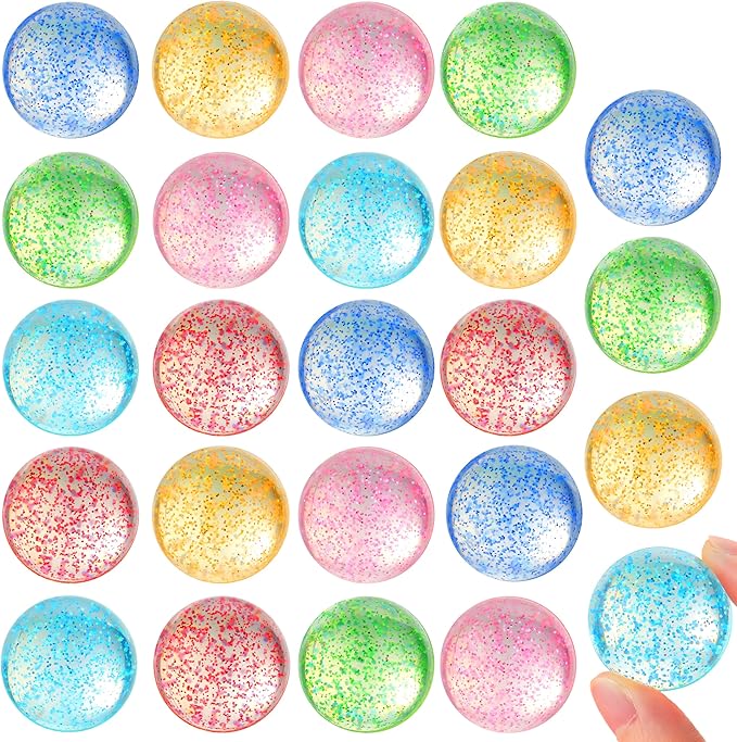 JOYIN 24 PCS Glitter Bouncy Balls, 6 Styles 32mm Assorted Bouncy Balls Bulk with Storage Bag, Bounce Toys for Kids Party Favors Birthdays Gifts Goodie Bags Stuffers Carnival Prizes-BubblyBeeBaby