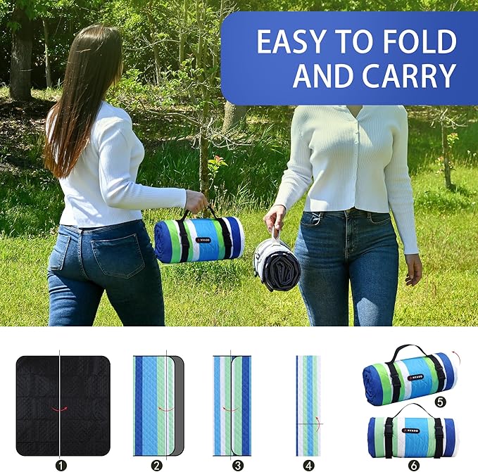 HX&OD Outdoor Picnic Blanket Extra Large, 80''*80'' Waterproof Picnic Mat with Stakes Foldable Camping Blanket Portable with Carry Strap for Beach Mat (Blue, 80''*80'')-BubblyBeeBaby