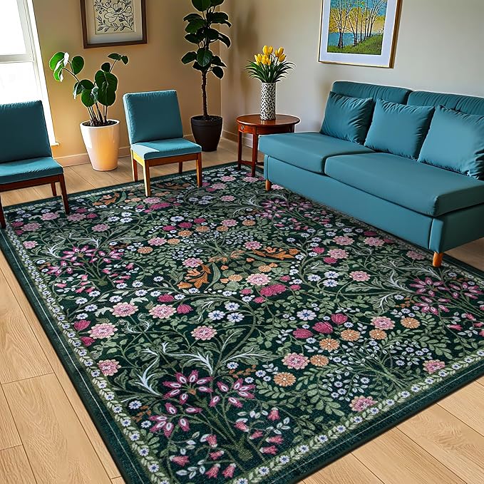 10x12 Area Rugs for Living Room: Floral Washable Rug Vintage Large Soft Boho Non-Slip Carpet Stain Resistant Low Pile Carpets for Bedroom Dining Room Farmhouse Nursery Hallway Home Office Dark Green-BubblyBeeBaby