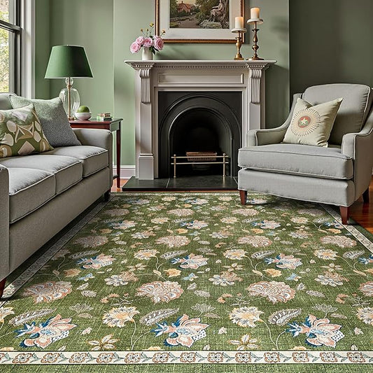 jinchan 8x10 Floral Rug for Living Room Washable Bedroom Rug Vintage Romance Design Non Slip Thin Indoor Floor Cover Large Low-Profile Throw Carpet for Dining Room Office, Green-BubblyBeeBaby