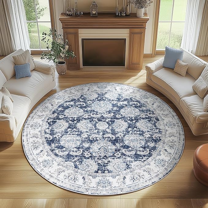 jinchan Round Rug 8ft Area Rugs Vintage Floral Distressed Design Machine Washable Non-Slip Low-Pile Ultra-Thin Circle Rug for Living Room Dining Room Bedroom Home Office Farmhouse (8' Round,Dark Blue)-BubblyBeeBaby