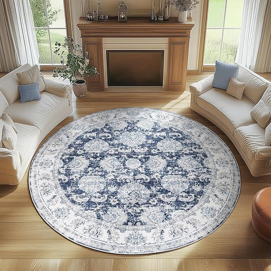 jinchan Round Rug 7ft Area Rugs Vintage Floral Distressed Design Machine Washable Non-Slip Low-Pile Ultra-Thin Circle Rug for Living Room Dining Room Bedroom Home Office Farmhouse (7' Round,Dark Blue)-BubblyBeeBaby