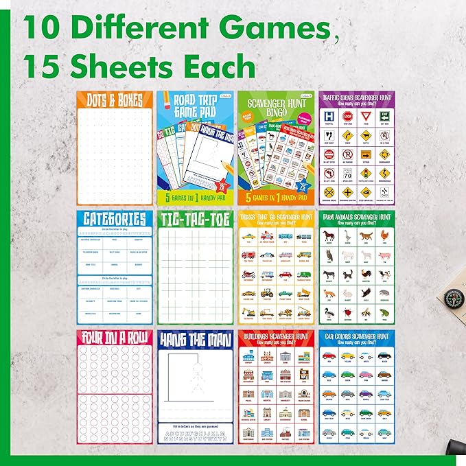 2 Pack Road Trip Game Pads, 10 Games (Categories, Dot & Boxes, Tic-tac-Toe, Scavenger Hunt Bingo), Pen Pencil Paper Game, Plane Trip/Car Travel/Getaway Activity Pad for Kid, Adult-BubblyBeeBaby