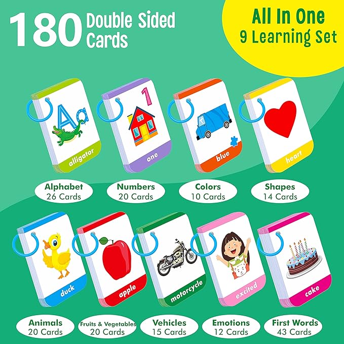 180 Toddler Learning Flashcards, Educational Tool for Preschoolers-BubblyBeeBaby