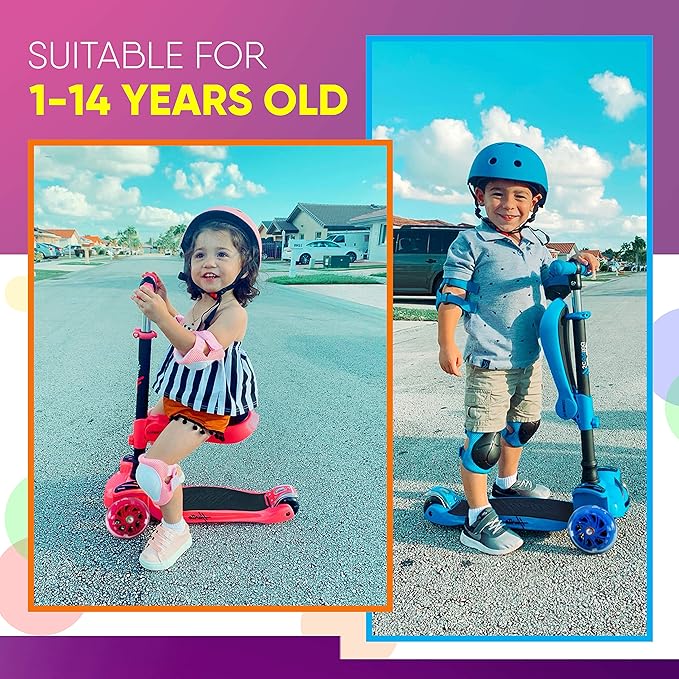 Hurtle 3-Wheeled Scooter for Kids - Wheel LED Lights, Adjustable Lean-to-Steer Handlebar, and Foldable Seat - Sit or Stand Ride with Brake for Boys and Girls Ages 1-14 Years Old-BubblyBeeBaby