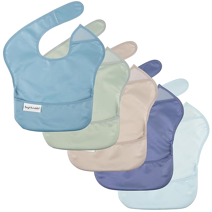 Tiny Twinkle Mess Proof Baby Bibs for Eating - Waterproof, Wipeable Bibs - Toddler Bibs - Travel Friendly - PFAS, PVC, BPA, Phthalate Free - Baby Food Bibs(5 Pack, Boy Spring)-BubblyBeeBaby