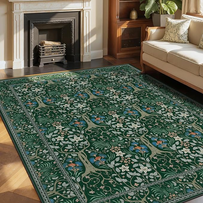Joydeco Boho Floral 8x10 Area Rugs for Living Room, Washable Dark Green Rug Non Slip, Soft Large Low-Pile Botanical Forest Indoor Floor Throw Carpet for Bedroom Nursery Dining Office-BubblyBeeBaby