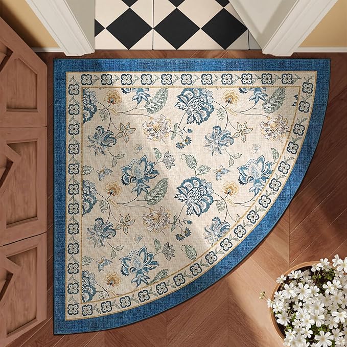 jinchan Floral Corner Rug for Entryway Washable Kitchen Rug Vintage Romance Design Non Slip Quarter Circle Lightweight Low-Pile Throw Carpet for Playroom Reading Nook Nursery, 4ft Radius, Blue/Beige-BubblyBeeBaby