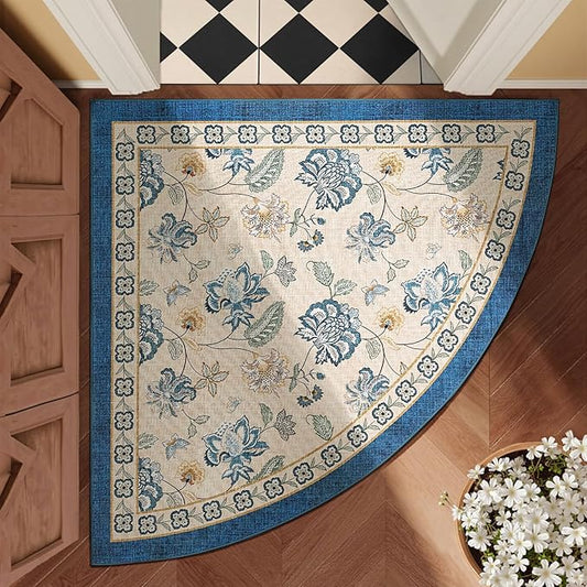 jinchan Floral Corner Rug for Entryway Washable Kitchen Rug Vintage Romance Design Non Slip Quarter Circle Lightweight Low-Pile Throw Carpet for Playroom Reading Nook Nursery, 4ft Radius, Blue/Beige-BubblyBeeBaby