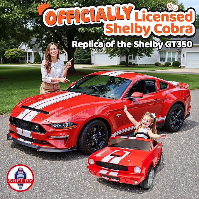 24V 2 Seater Ride on Toys, Licensed Shelby Cobra Kids Power Car Wheeler Ride On Toy w/ 2WD/4WD Switchable, Remote Control, 19" Spacious Seat, 4 Spring Suspension, Music, Bluetooth-BubblyBeeBaby