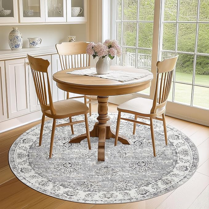 jinchan Round Rug 6ft Area Rugs Vintage Floral Distressed Design - Machine Washable Non-Slip Low-Pile Ultra-Thin Circle Rug for Entryway Bedside Living Room Dining Room Bedroom (6' Round,Grey)-BubblyBeeBaby