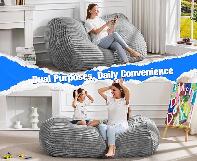 Hobestluk 5FT Bean Bag Chairs Adult Bean Bag with Portable Handle Comfy Large Bean Bag Lounge Chair with Removable Cover for Living Room Bedroom (Stripe Grey, 5FT)-BubblyBeeBaby