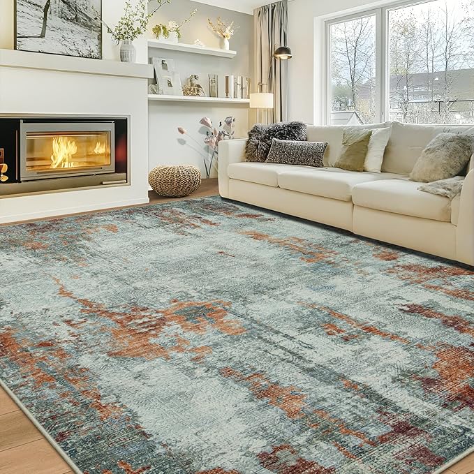 10x14 Area Rugs Large Living Room Rug Washable: Modern Abstract Rug Indoor Modern Carpet Non Slip for Dining Room Bedroom Nursery Home Office Red Brown-BubblyBeeBaby