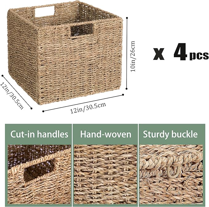 12x12x10in Seagrass Storage Baskets Set of 4, Large Wicker Storage Basket, Decorative Seagrass Shelf Basket, Pantry Baskets Organization,Folding Storage Cube Bins-BubblyBeeBaby