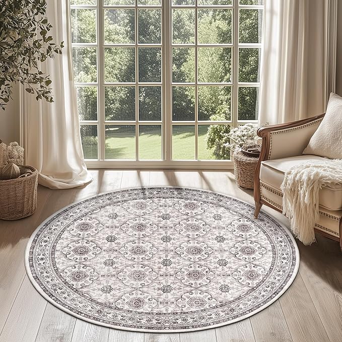 jinchan Round Rug 4ft Washable Circle Soft Rug - Low Pile Vintage 4'Round Indoor Beige Floral Print Stain Resistant Boho Carpet Ultra-Thin Non-Slip for Entryway Nursery Bedroom Dining Room Kitchen-BubblyBeeBaby
