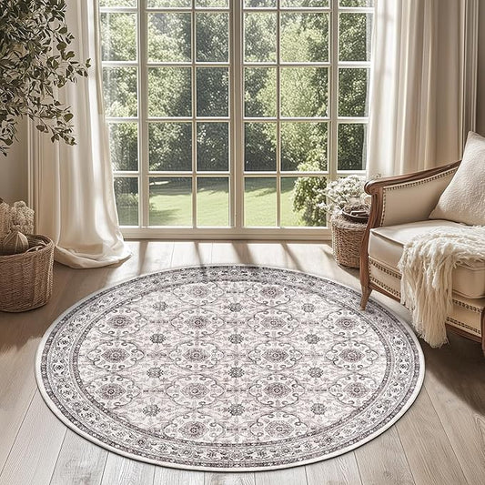 jinchan Round Rug 4ft Washable Circle Soft Rug - Low Pile Vintage 4'Round Indoor Beige Floral Print Stain Resistant Boho Carpet Ultra-Thin Non-Slip for Entryway Nursery Bedroom Dining Room Kitchen-BubblyBeeBaby