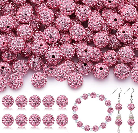 105pcs 10mm Rhinestone Beads for Jewelry Making, Dark Pink Shiny Round Disco Ball Beads Bulk, Sparkle Crystal Clay Christmas for Bracelet Baseball Necklace Earring Crafting and DIY-BubblyBeeBaby