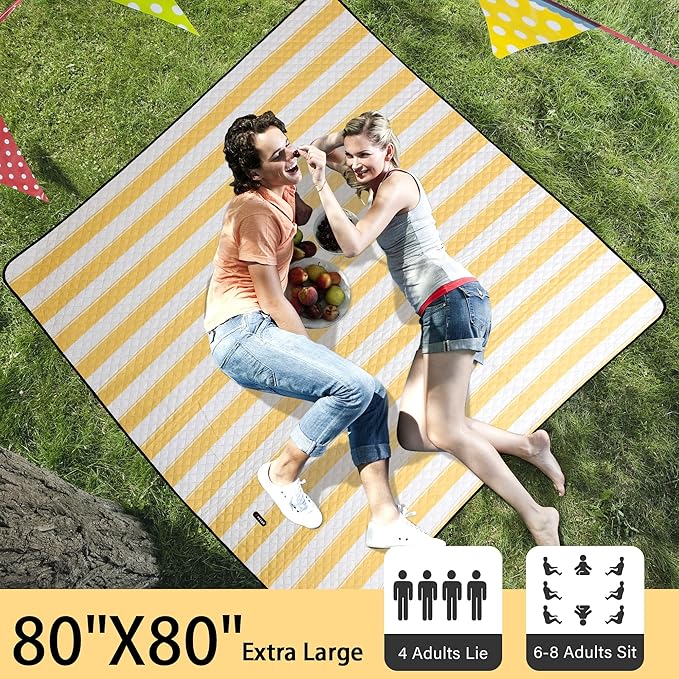 HX&OD Extra Large Picnic Outdoor Blanket, 80”x80” Waterproof Picnic Mat Foldable Camping Blanket Portable with Carry Strap for Beach Mat Outdoor Camping Party(Yellow)-BubblyBeeBaby