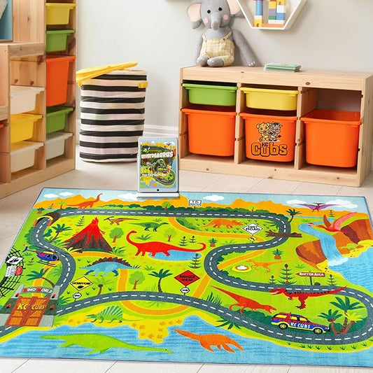 KC Cubs 8x10 Dinosaur Toy Car Dino Road Rug – Educational Play Mat Carpet for Kids, Toddlers, Nursery, Classroom, Playroom, Baby Daycare, Boys & Girls-BubblyBeeBaby
