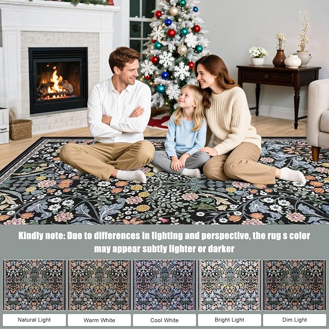 10x12 Area Rugs for Living Room: Floral Washable Rug Vintage Large Soft Boho Non-Slip Carpet Indoor Stain Resistant Low Pile Carpets for Bedroom Dining Room Farmhouse Nursery Home Office Dark Black-BubblyBeeBaby