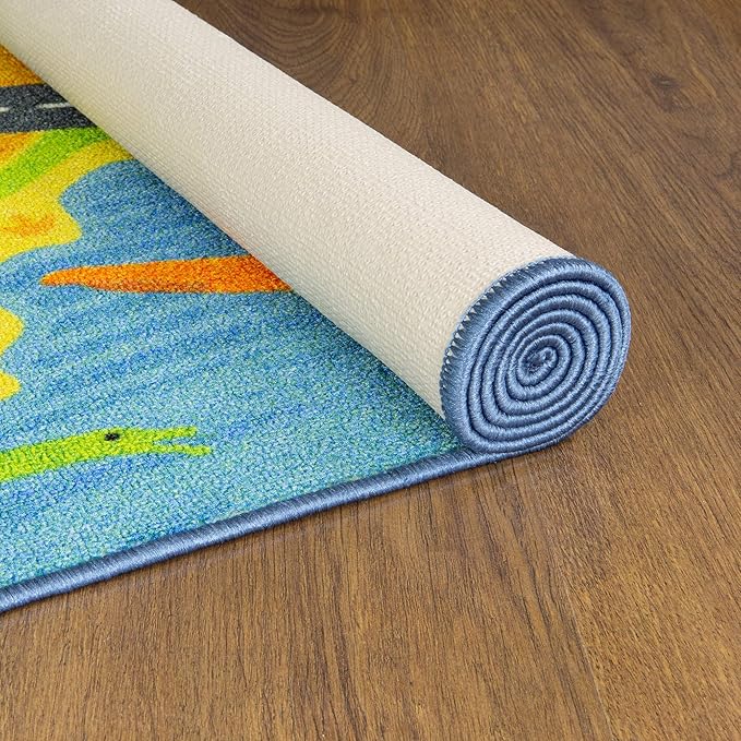 KC Cubs 3x5 Dinosaur Toy Car Dino Road Rug – Educational Play Mat Carpet for Kids, Toddlers, Nursery, Classroom, Playroom, Baby Daycare, Boys & Girls-BubblyBeeBaby