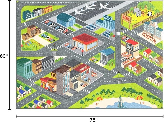 KC Cubs 5x7 City Streets Car Road Rug – Educational Non-Slip Play Mat for Kids, Toddlers, Nursery, Classroom, Playroom, Baby Daycare, Boy Girl Carpet-BubblyBeeBaby