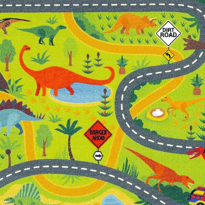 KC Cubs 8x10 Dinosaur Toy Car Dino Road Rug – Educational Play Mat Carpet for Kids, Toddlers, Nursery, Classroom, Playroom, Baby Daycare, Boys & Girls-BubblyBeeBaby