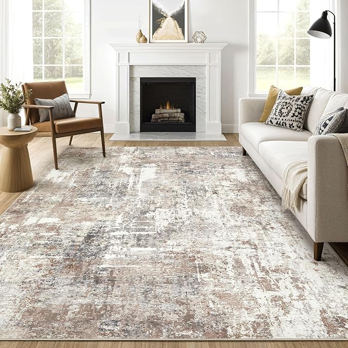 10x14 Area Rugs Living Room: Washable Large Abstract Modern Soft Rug Stain Resistant Indoor Floor Non Slip Accent Carpet for Bedroom Nursery Playroom Office Dining Room Dorm Home House- Brown-BubblyBeeBaby
