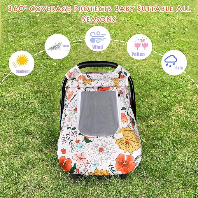 Baby Carseat Cover Girls, Pea Pod Infant Car Seat Covers Canopy for Newborn with 2 Layers Windows of Breathable Mesh/Fabric, Lightweight Polyester/Minky Dot Backing, Snug Fit Most Baby Car Seat-BubblyBeeBaby
