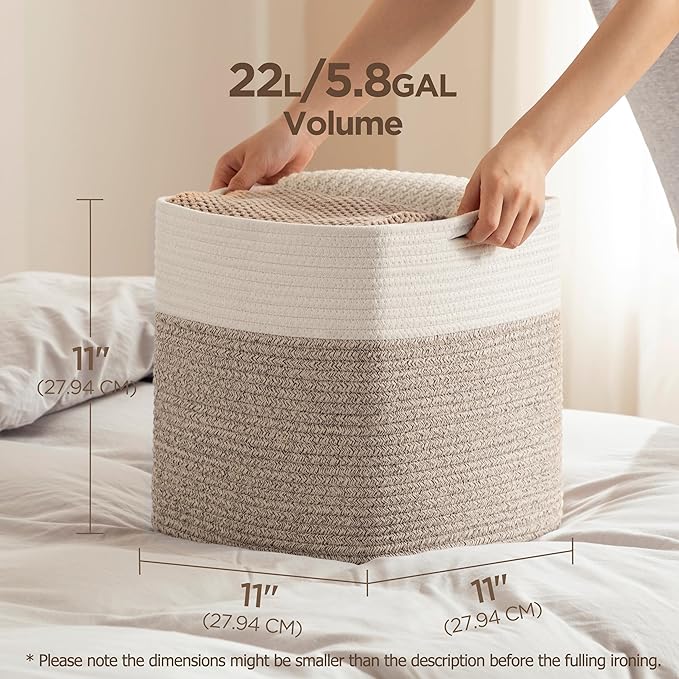 joybest Cube Storage Bins Set of 4, 11inch Cube Baskets Organizer for Nursery, Square Cotton Rope Baskets for Shelves Organizing, Kids Toy, Closet Storage, Brown and Cream White-BubblyBeeBaby