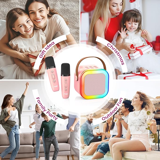 Karaoke Machine for Kids Adults, Portable Bluetooth Mini Karaoke Microphone Singing Speaker with 2 Mic and Light,Toys for All Smartphones,Birthday, Family,Home Party (Pink)-BubblyBeeBaby