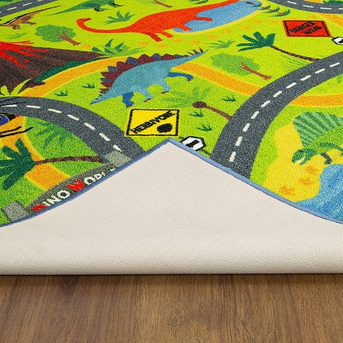 KC Cubs 3x5 Dinosaur Toy Car Dino Road Rug – Educational Play Mat Carpet for Kids, Toddlers, Nursery, Classroom, Playroom, Baby Daycare, Boys & Girls-BubblyBeeBaby