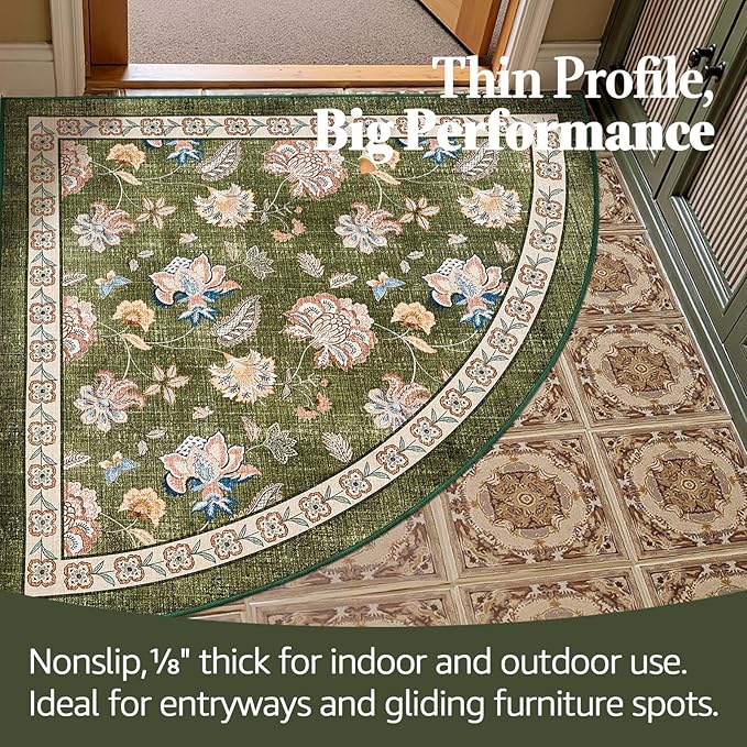 jinchan Floral Corner Rug for Entryway Washable Kitchen Rug Vintage Romance Design Non Slip Quarter Circle Lightweight Low-Pile Throw Carpet for Playroom Reading Nook Nursery, 4ft Radius, Green-BubblyBeeBaby