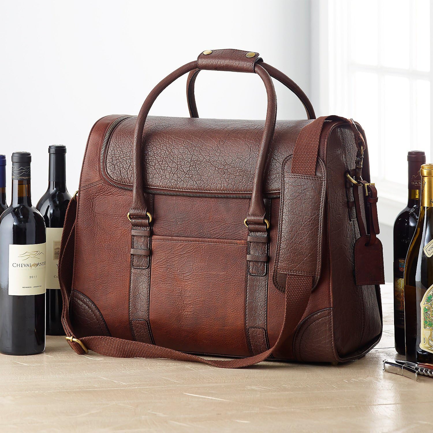 Wine Enthusiast 6-Bottle Leather Wine Tote Bag | Handcrafted Leather Wine Carrier with Dividers | Secure Buckle & Zipper Closure | Portable Wine Cooler Bag for Picnics, Travel & Parties | Wine Gifts